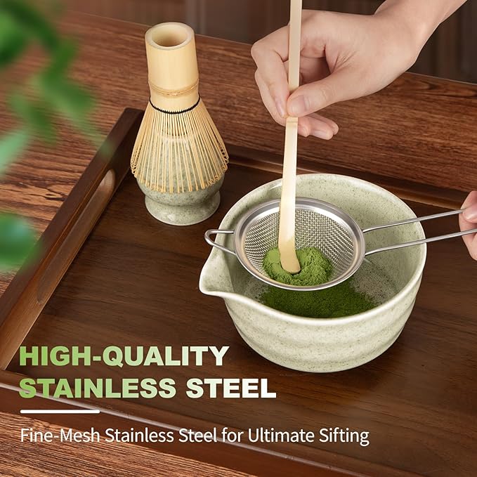 SIMPLETaste Matcha Whisk Set, 7 Pcs Ceramic Matcha Kit Includes Bowl, Whisk and Holder, Bamboo Scoop, Scoop Rest, Sifter and Tea Towel - Matcha Kit for Macha Lovers (Green)