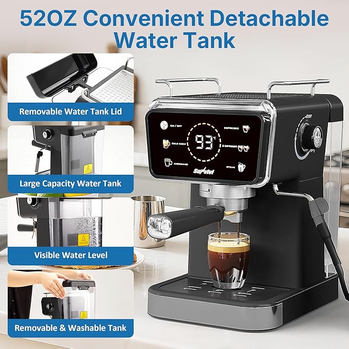 20 Bar Espresso Machine with Milk Frother, Iced Coffee Maker for Espresso, Cold Brew, and Americano, 52OZ Removable Water Tank, Coffee Machine for Home and Office, Black
