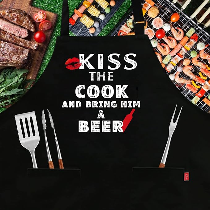 Grilling Apron - KISS THE COOK AND BRING HIM A BEER - Funny BBQ Aprons for Men Women Chef, Adjustable Kitchen Bib Apron with 2 Pockets and 40" Long Ties, Perfect for Cooking, Baking - Black - Image 2