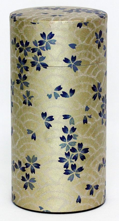 Washi Paper Tea Tin Canister: Long 7oz (200g) Blue and Gold cherry blossoms (#106), Japan