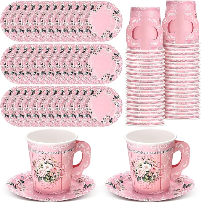 200 Pcs Floral Paper Tea Cups and Saucers 7 oz Disposable Tea Party Decorations Vintage Cute Paper Tea Cups and Plates with Handles for Girls Wedding Baby Bridal Shower Birthday, Serve 100(Pink)