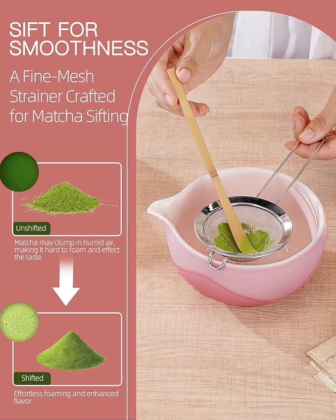 ZENS Matcha Whisk Set, Ceramic Matcha Kit Set Includes Matcha Bowl, Matcha Whisk and Holder, Bamboo Scoop & Holder, 304 Sifter and Tea Mat - 6Pcs Matcha Kit for Matcha Lovers-Pink