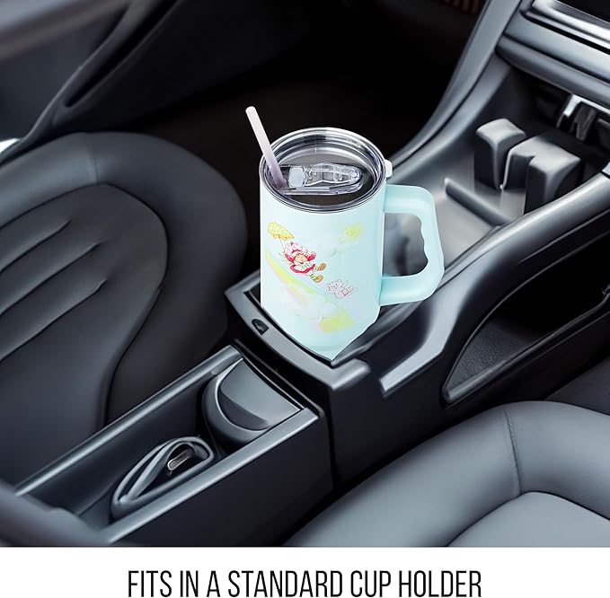Silver Buffalo Strawberry Shortcake and Custard Double Walled Stainless Steel Tumbler with Handle, Fits in Standard Cup Holder, 40 Ounces