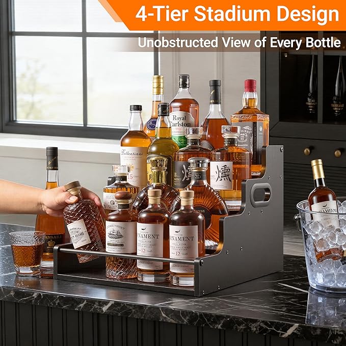 YQBRAO 4-Tier Liquor Bottle Display Shelf, Coffee Syrup Rack Organizer, Water Bottle Organizer, Mini Bar Cabinet, Rustic Bar Shelves for Liquor Whiskey, Spirits（Black）