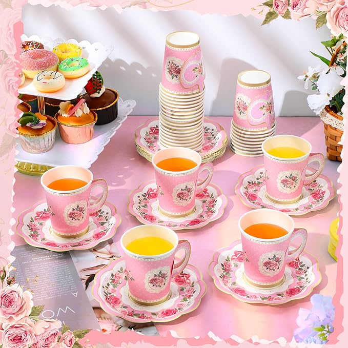 Domensi 60 Pieces Tea Party Decorations Include 30 Pcs 9 oz Paper Cups with Handle and 30 Pcs Tea Party Paper Plates Disposable Blossom Teacups and Saucers for wedding Favors(Classic)