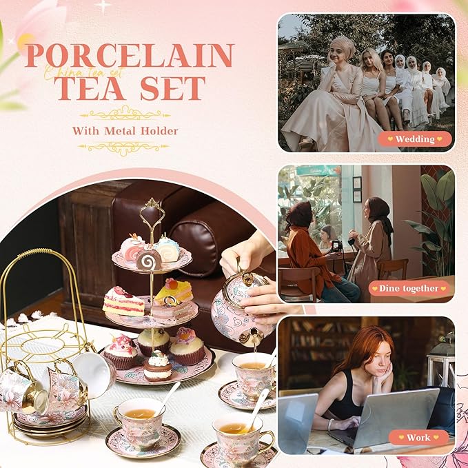 21 Pcs Ceramic Teapot Set Vintage Porcelain Tea Cups with Metal Holder and High Tier Cupcake Stand Saucers for Women Girls Farmhouse European Weddings Party Decor Gifts(Pink,Spring)
