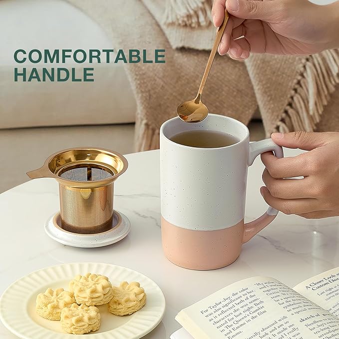 Ceramics Large Tea Cup with Loose Leaf Infuser, Spoon and Lid, 16 oz Tall Coffee Mug, Microwave and Dishwasher Safe, Rustic Matte Ceramic Glaze, Tea Strainer (Pink)