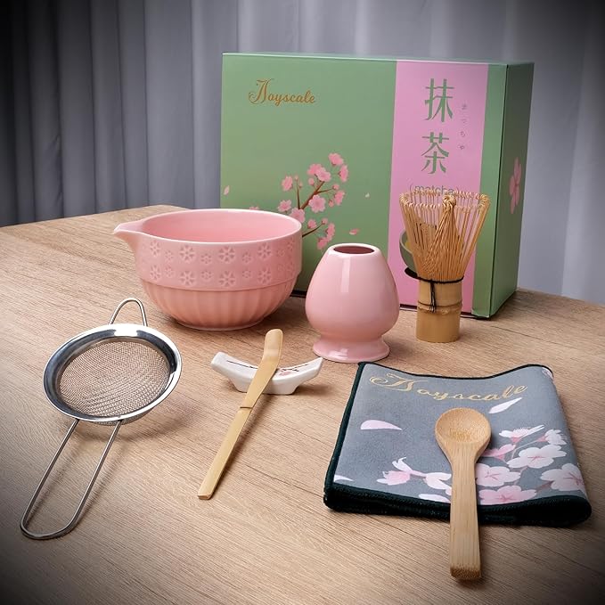Joyscale Matcha Whisk Set, Matcha Set Whisk And Bowl, 8 Pcs Matcha Kit Set(Cherry Blossom Design), 18 OZ, Japanese Matcha Tea Set, Matcha Making Kit Gifts for Tea Lovers(Pink)