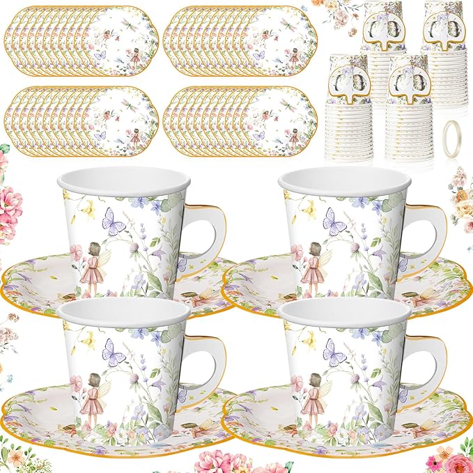 Umigy 60 Sets Tea Party Decorations 6.5 oz Fairy Floral Paper Tea Cups with Handle and Plates Disposable Blossom Teacups and Saucers Sets with Tape for Birthday Hot Cold Drink (Floral,6.5 oz,Blue)