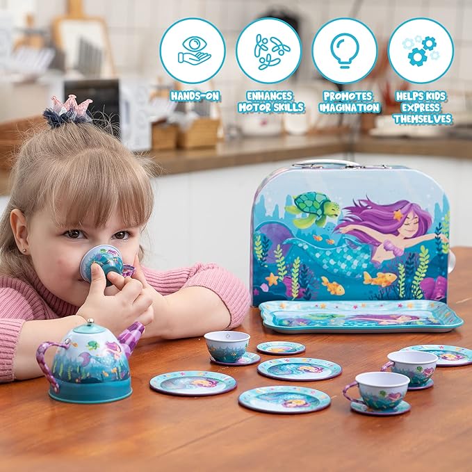 JOYIN Mermaid Tea Party Set for Little Girls, Pretend Tin Teapot Set, Princess Tea Time Play Kitchen Toy with Teapot, Cups, Plates, Carrying Case for Easter Birthday Gifts Kids Toddlers Age 3 4 5 6