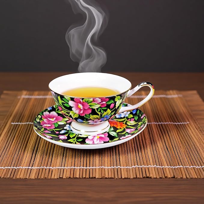 Tea cup and Saucer Set Royal Garden Style Tea Coffee Cup with Saucer 7 Ounces Bone China Teacup and saucer Set(Black)