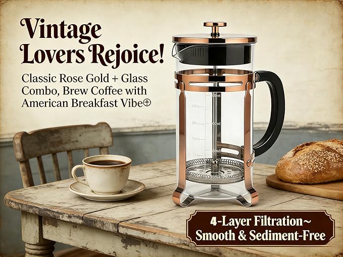 French Press Coffee Maker, 34Oz Coffee Press with 304 Stainless Steel 4 Filters, Borosilicate Glass Heat Resistant Carafe, 100% BPA-Free Teapot & Coffee Press, Copper Finish
