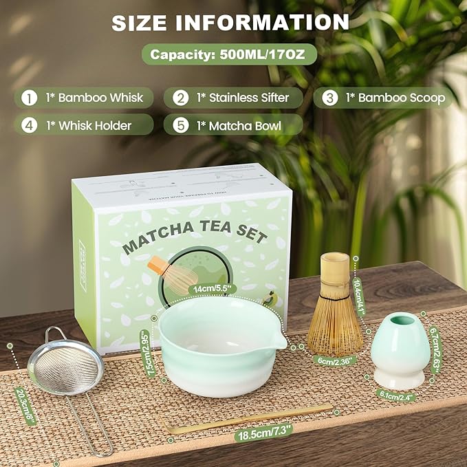 Dayacoco Matcha Whisk Set,Ceramic Matcha Kit Set Includes Bowl with Spout, Whisk,Holder,Bamboo Scoop and Sifter,5 pcs Matcha Tea Kit for Matcha Lovers, Ideal Gift Christmas, Birthday (Green gradient)