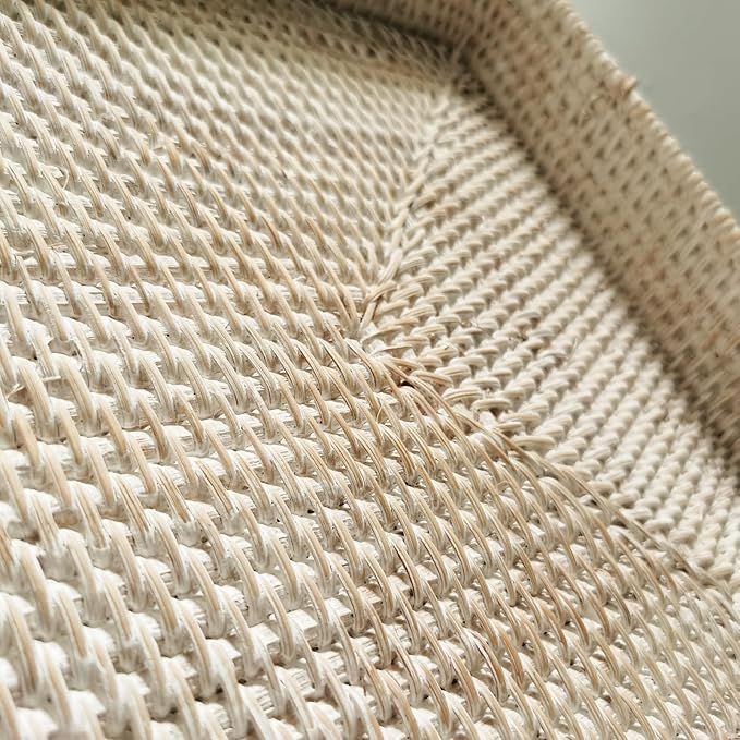 i-lan 17" White Washed Rattan Woven Large Serving Tray Platter for Ottoman,White Rectangular Basket Storage Platter with 2.4” Wall, Decorative Rattan Woven Baskets Tray for Fruits,Table Accessories