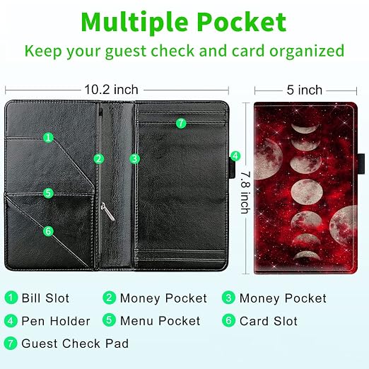 Server Books for Waitress, with 7 Large Pockets, Waiter Serving Book, Waitstaff Server Order Pads, Cute PU Leather Server Book with Pen Holder Fit Server Apron, Red Galaxy Moon - Image 3
