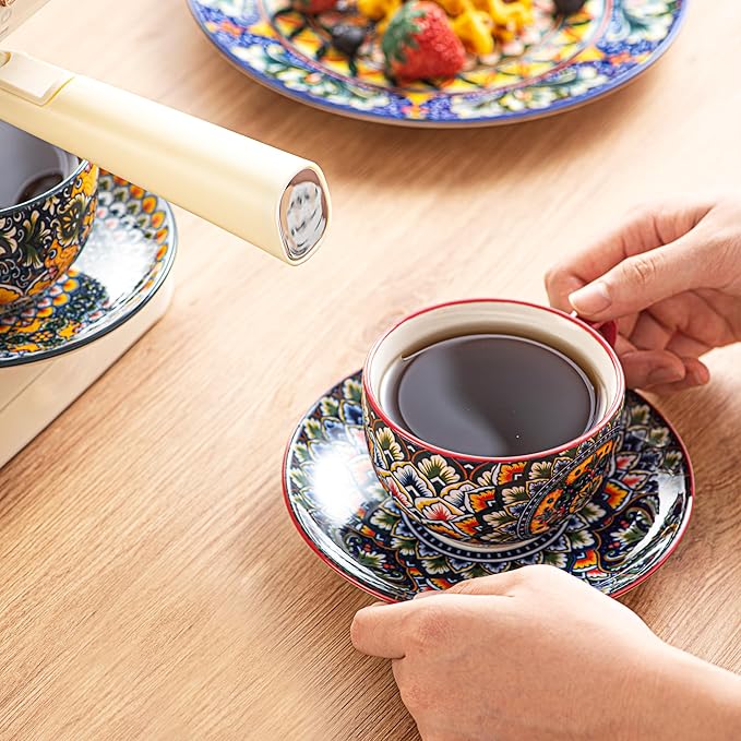Henten Home 8.5 oz Cappuccino Cup and Saucers Set, Ceramic Coffee Cup Set of 6, Bohemian Cup for Latte, Tea, Hot Cocoa, Espresso, Microwave & Dishwasher Safe