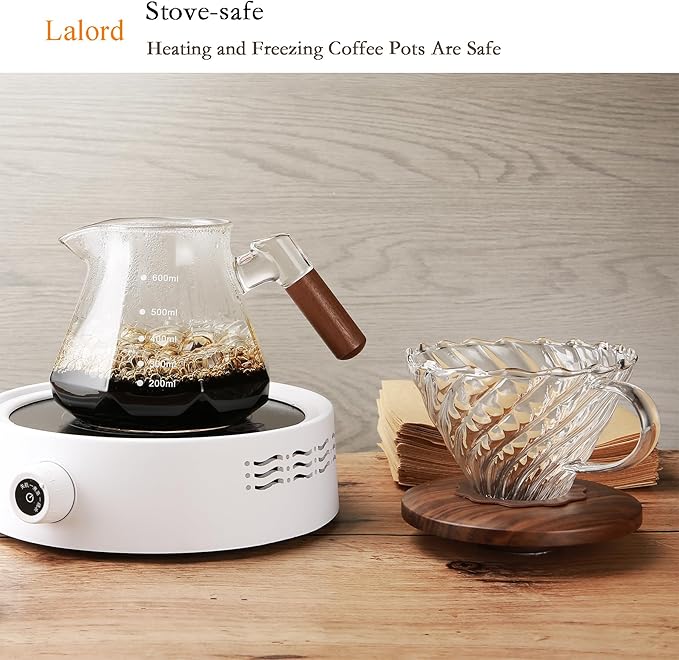 Pour Over Coffee Maker, 20 oz Borosilicate Glass Set with 100 pcs Paper Filter, Coffee Dripper with Walnut Collar, Coffee Pot with Glass Lid, 1-3 Cups, Clear, (600 ml)