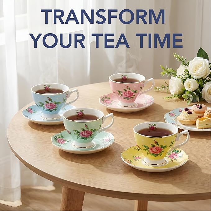 BTaT- Floral Tea Cups and Saucers, Set of 4, 8 oz, Fine Porcelain Teacup Set with Gold Trim for Afternoon Tea, Weddings, Parties & Gifting, Dishwasher Safe, Lightweight, Non-Toxic