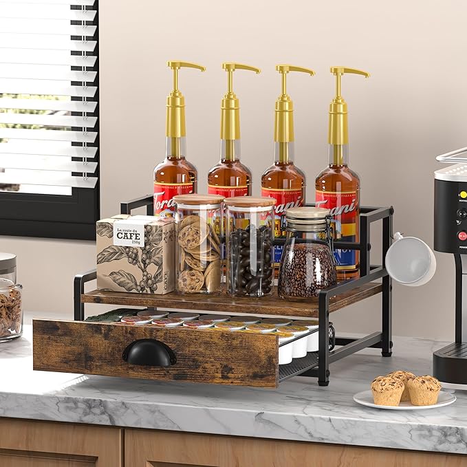Coffee Syrup Rack Organizer, Coffee Pod Holder for Countertop, 8 Syrup Bottles Stand with Storage Drawer for 35 K Cups, Coffee Pod Drawer for Coffee Station, Home, Kitchen, Office, Dorm, Rustic Brown