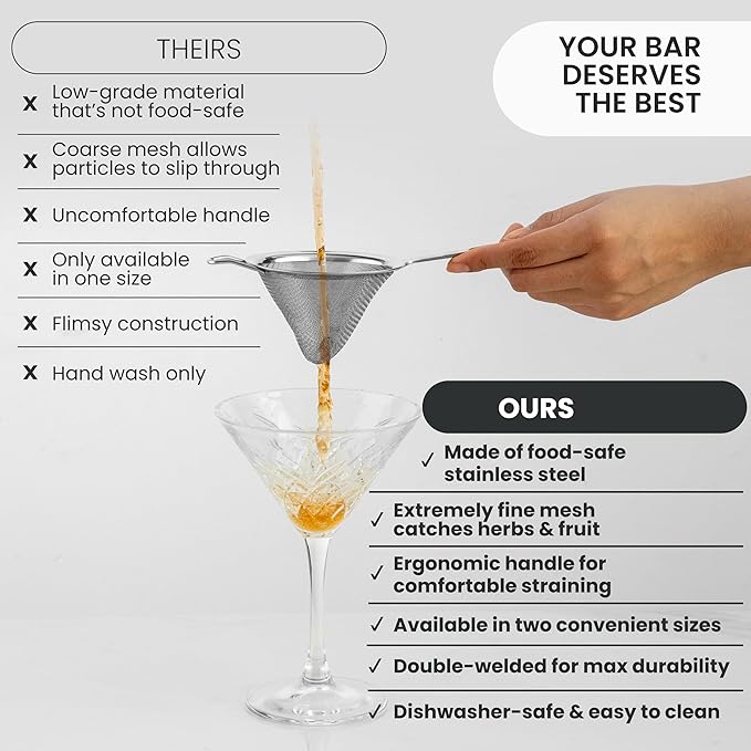 A Bar Above Fine Mesh Sieve Strainer, 304 Stainless Steel Cocktail Strainer with Ergonomic Handle, Professional Grade Bar Tool for Double-Straining Cocktails, Tea, Coffee, Herbs, and More