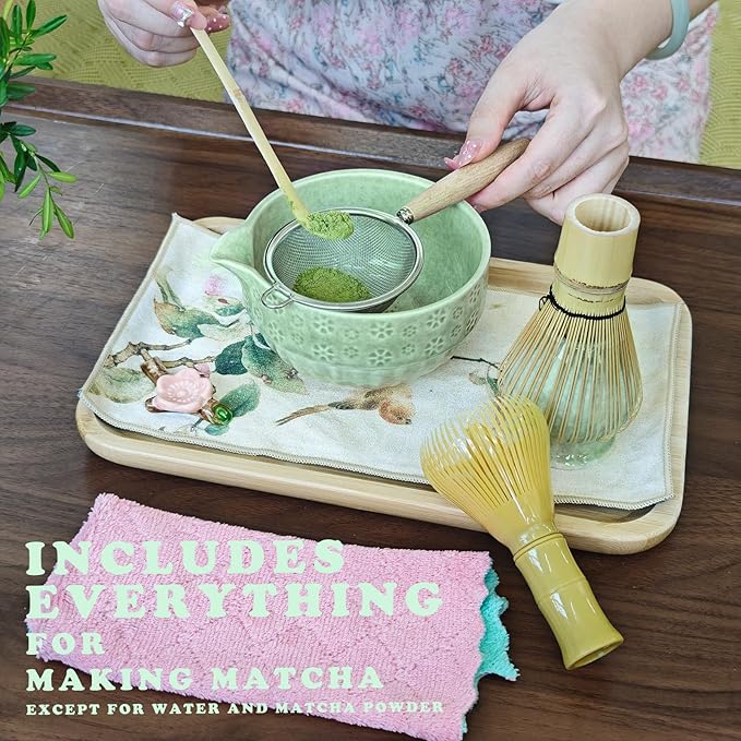 HAVIREST 10 pcs Matcha Whisk Set, Ceramic Bowl and Whisk Stand Spoon Holder Sifter Mat Towel, Japanese Ceremonial Grade Macha Tea Tool Kit, Gift for Women Match Starter Lover (Green)