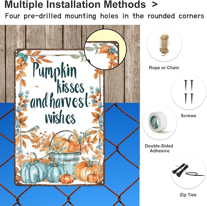 KanaAt Pumpkin Kisses and Harvest Wishes Metal Tin Sign Fall Decorations for Home Kitchen Farmhouse Porch Thanksgiving Party Wall Decor 8x12 inch, diany-m92 - Image 3