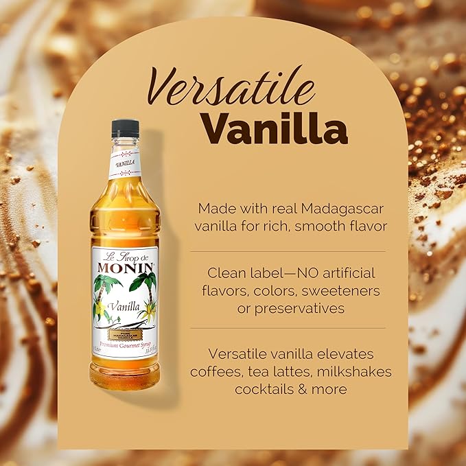 Monin - Vanilla Syrup | Pure & Rare Madagascar Vanilla, Premium Syrup for Coffee, Lattes & More | Clean Label, No Artificial Flavors, No Artificial Preservatives (BPA Free Bottle, 33.8 fl oz, 4-pack)