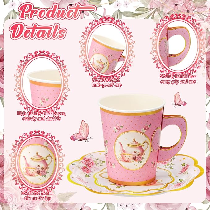 Domensi 60 Pieces Tea Party Decorations Include 30 Pcs 9 oz Paper Cups with Handle and 30 Pcs Tea Party Paper Plates Disposable Blossom Teacups and Saucers for wedding Favors(Teapot)