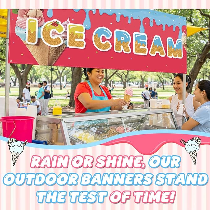 Tegeme Ice Cream Banners Sign 3 x 8 ft/ 36 x 96 Inches Ice Cream Flag Oxford Fabric Banners with 10 Holes for Business Store Outside