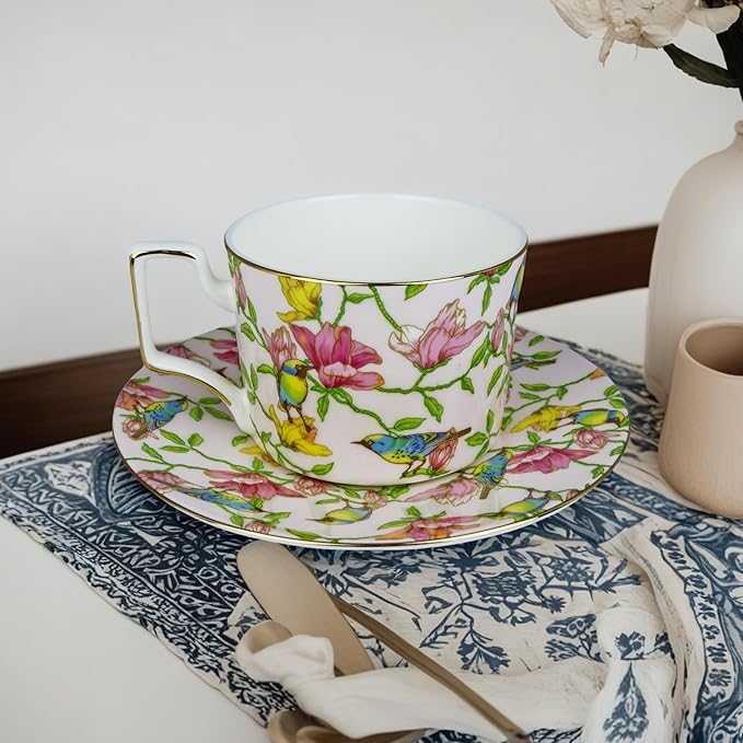 Vintage 8 Ounces Teacup and Saucers Set Floral Tea Cups Set Bone China TeaCups Coffee Tea Cup for Tea Party Women Mom (Pink)