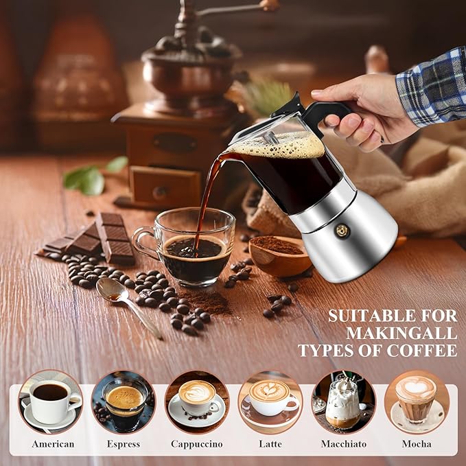 Stovetop Espresso Moka Pot, Crystal Glass-Top & Stainless Steel Italian Coffee maker, 300ml(6cup) (silver)
