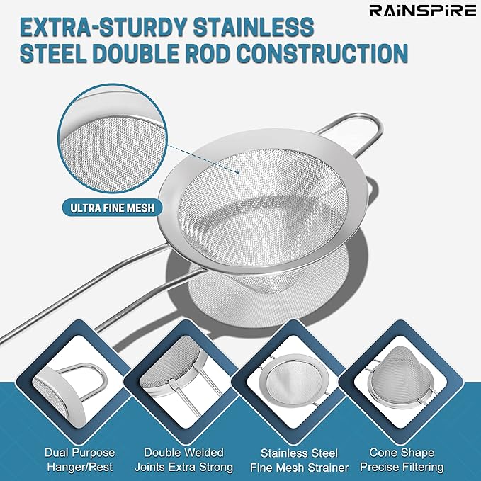 Upgraded 3.3" 304 Stainless Steel Fine Mesh Strainers for Kitchen, Cocktail Strainer Tea Coffee Juice Strainer Food Strainer Mini Sieve Strainer, Silver