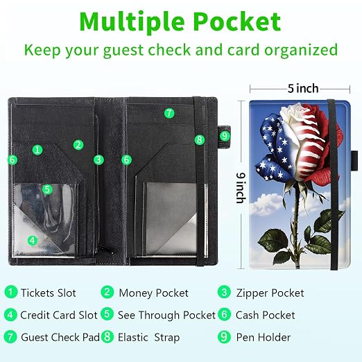 Server Books for Waitress, 5x9 Inch Waitstaff Server Order Pads, 11 Large Pockets, Cute PU Leather Waitress Book Server Wallet with Elastic Band Fit Server Apron,USA Flag Rose - Image 3