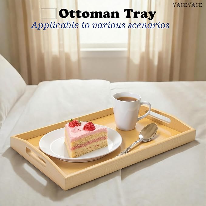Ottoman Tray for Living Room, 15"x9.8"x2", Small Bamboo Serving Tray with Handles, Trays for Ottoman, Breakfast, Dining, Bar, Bathroom