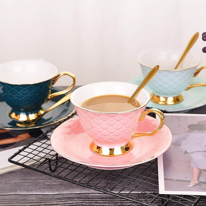 VanEnjoy Pink Vintage 8 Ounces Porcelain Coffee Cup,Tea Cup and Saucer Set and Saucer with Decorative Scale Pattern, Vintage