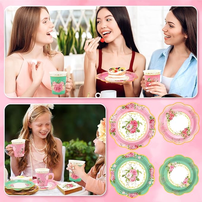 200Pcs Floral Tea Cups and Saucers for Tea Party Supplies, Disposable Tea Cups with Handle and Paper Napkins Dinnerware for Floral Theme Birthday Wedding Bridal Shower Baby Shower（Pink Green）