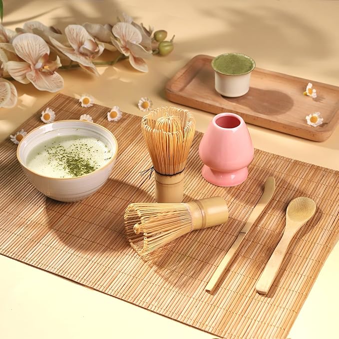 Matcha Whisk Set with Matcha Whisk Holder Bamboo Whisk Scoop Spoon Unique Gifts for Women Men Girl Friend Home Kitchen Decor Gifts for Tea Enthusiasts Pink