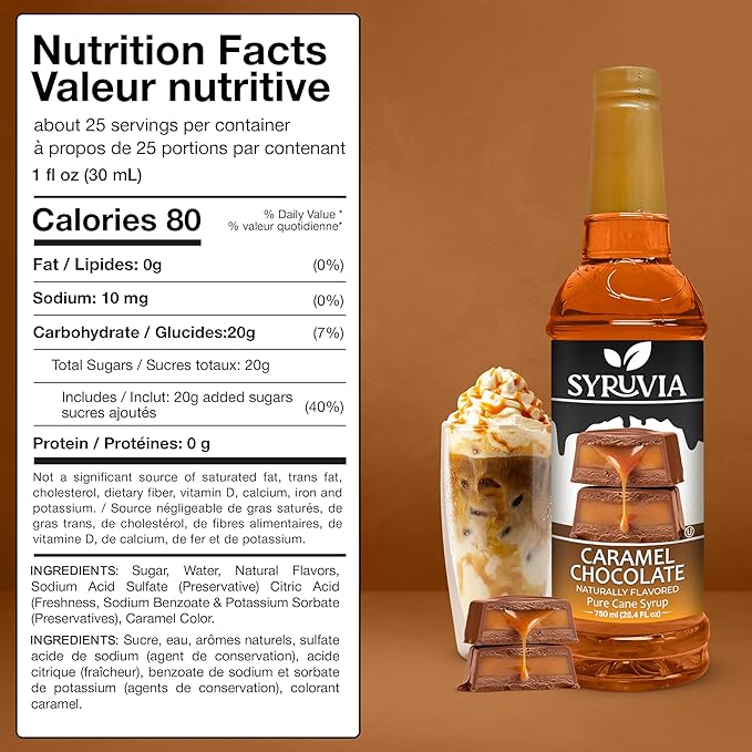 Syruvia Coffee Syrup, Caramel Chocolate Flavored Syrup for Drinks, Lattes and Desserts – 25.4 fl oz, With Pump