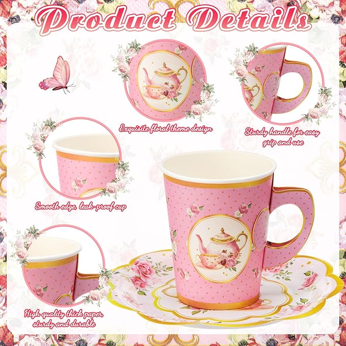 Vesici 150 Pcs Floral Tea Party Decorations for Table 9 oz Disposable Paper Tea Cups with Handles Plates, Saucers and Napkins Set for Spring Party Girl Birthday Wedding Mothers Day(Teapot)
