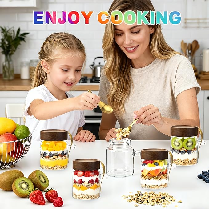 Small Glass Jar with Airtight Lids Spoons Sugar Ground Canister Round Food Storage Container for Spice Coffee Beans Nut Pasta Candy Rice Loose Tea (300ml/10oz-6Pack)
