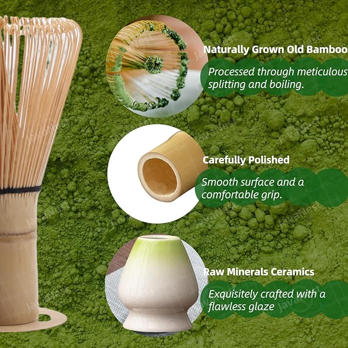 Matcha Whisk Set, 6-Piece Matcha Making Kit, Macha Tea Set, (Chasen Holder), Ceramic Whisk Holder, Matcha Starter Sifter, Bamboo Scoop, Spoon Japanese Tea Tools For Ceremony Gift (Green Jade)