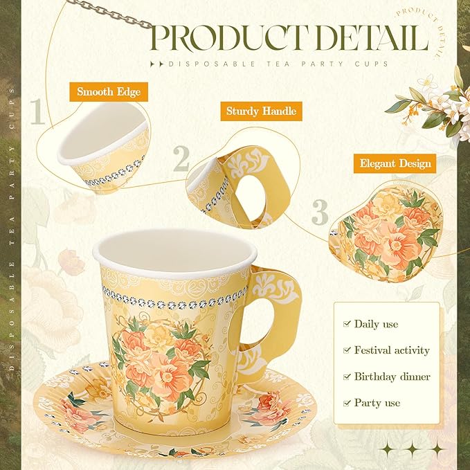 Nuogo 200 Pcs Floral Paper Tea Cups and Saucers 7 oz Disposable Tea Party Decorations Vintage Cute Paper Tea Cups and Plates with Handles for Girls Wedding Baby Bridal Shower Birthday, Serve 100