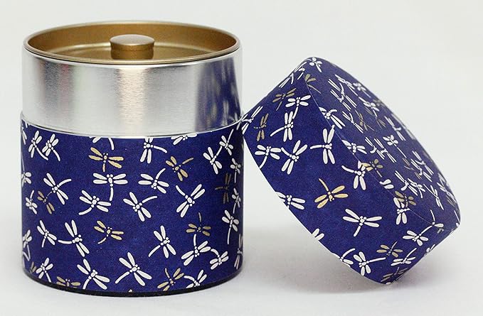 Washi Paper Tea Tin Canister: Wide 5.3oz (150g) Dragon Fly in Midnight Sky (#121), Japan