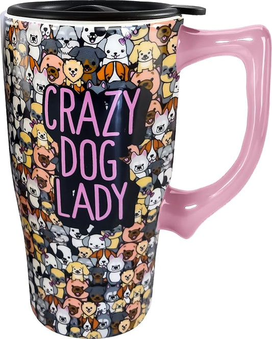 Spoontiques Ceramic Travel Mug Coffee Cup, 18 Oz, Crazy Dog Lady