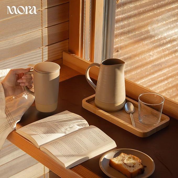 MORA Ceramics Large Tea Mug with Loose Leaf Infuser and Ceramic Lid, 18 oz, Portable, Microwave, Dishwasher Safe, Tall Coffee Cup - Rustic Matte Ceramic Glaze, Modern Herbal Tea Strainer, Mushroom