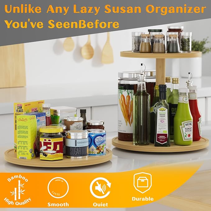 Lazy Susan Organizer Homerays 9 Inch Non-Skid Bamboo Lazy Susan for Kitchen Rotating Spice Rack for Kitchen Cabinet, Wood Turntable for Kitchen Countertop Organizer - Image 6