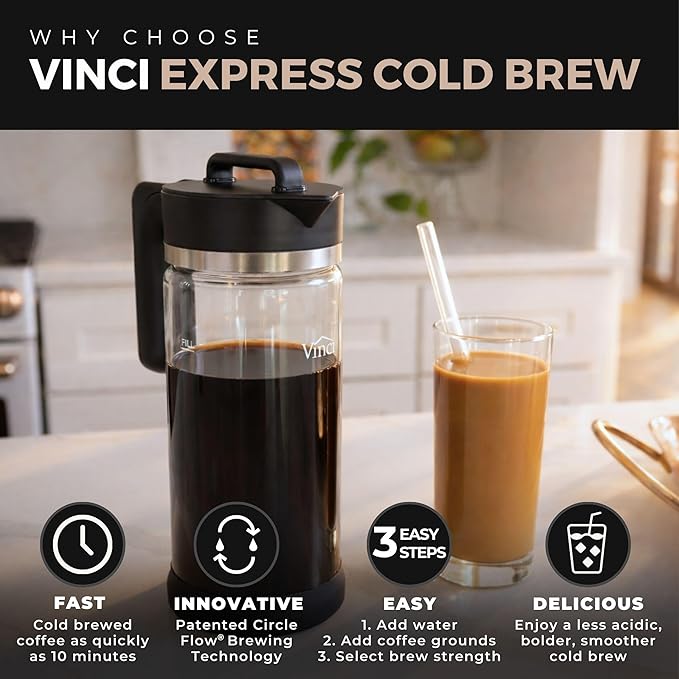 VINCI Express Cold Brew, Electric Cold Brew Coffee Maker in 10 Minutes, Glass Carafe, 3 Brew Strength Settings & Cleaning Cycle, Easy to Use & Clean 1.4 Liters Push Button Control
