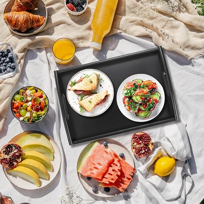 Peohud 4 Pack Bamboo Serving Tray, Kitchen Food Tray with Handles, Wooden Trays for Eating, Breakfast, Dinner, Tea, Bar, Restaurant, Party or Bed