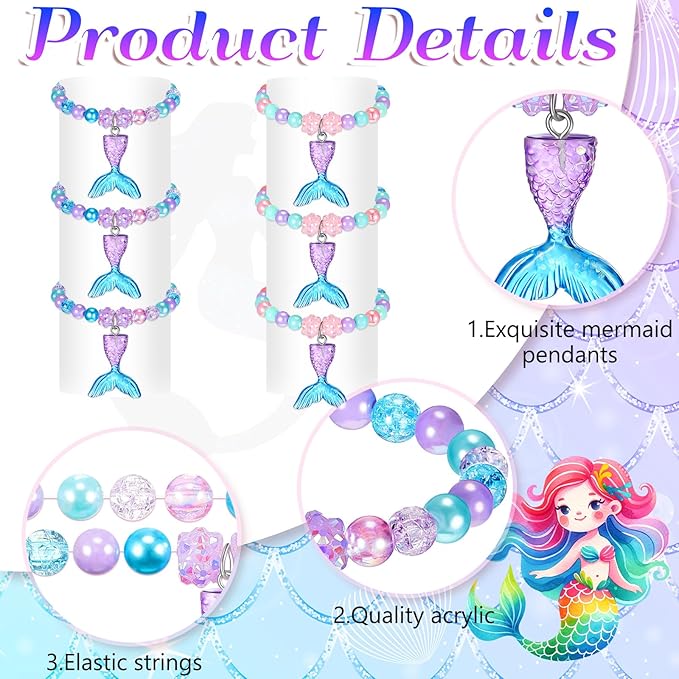Ecally 6 Pcs Mermaid Party Favors Mermaid Beaded Bracelet Bulk Ocean Party Supplies Costume Jewelry Princess Birthday Classroom Prize Gifts Cute Toddlers Little Girls