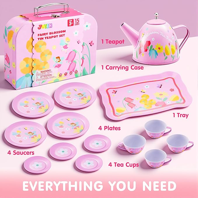 JOYIN Fairy Blossom Tea Party Set for Little Girls, Pretend Pink Tin Teapot Set, Princess Tea Time Play Kitchen Toy with Teapot, Cup, Plate, Carrying Case for Kids Toddlers Age 3 4 5 6